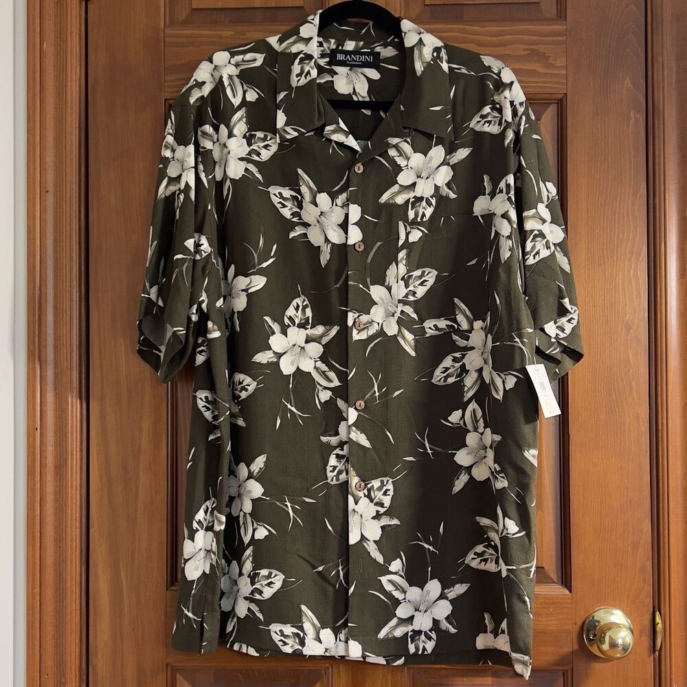 NWT Brandini Le Collezioni Men's 100% Silk Short Sleeve Floral Button Down Shirt